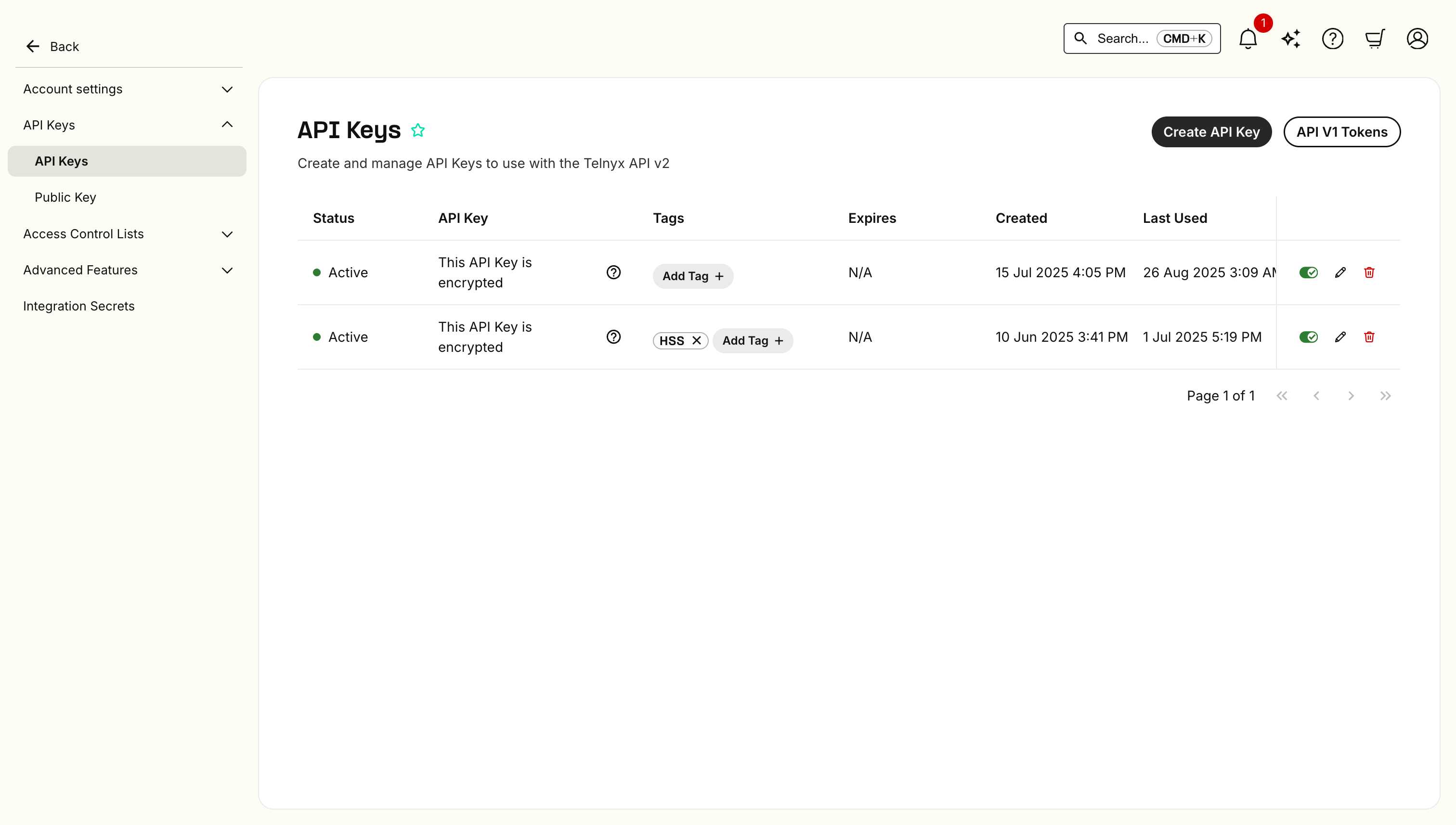 API Keys Page